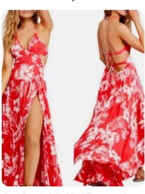 Free People Lille Halter Maxi Dress Raspberry Red Floral Cutout Size Large